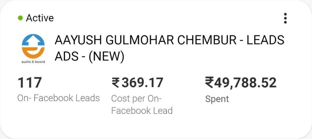 Meta Ads Manager card for the Aayush Gulmohar Chembur lead campaign showing 117 leads at ₹369.17 each.